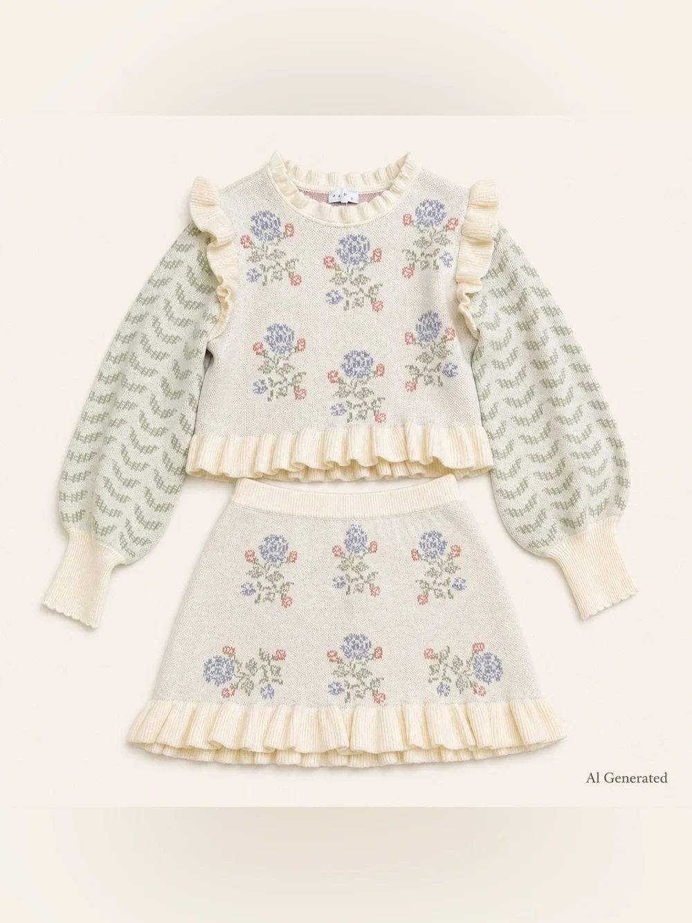 Mable Cream Floral Knit Mini Skirt / Sweater Set with Ruffle Hem Size Large